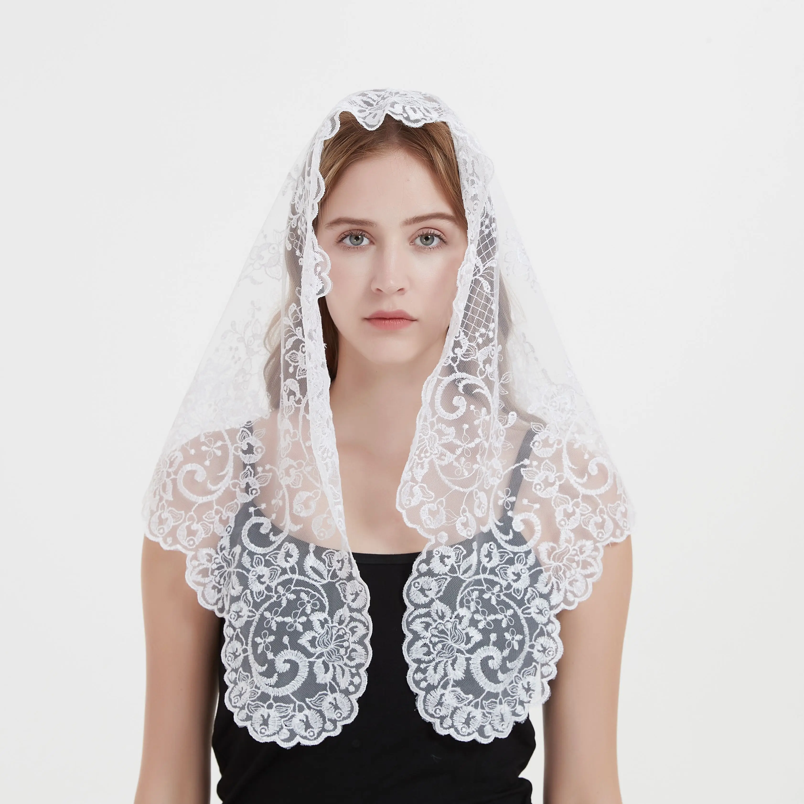 Mantilla de encaje de estilo español bordado blanco, velo católico de boda, Iglesia