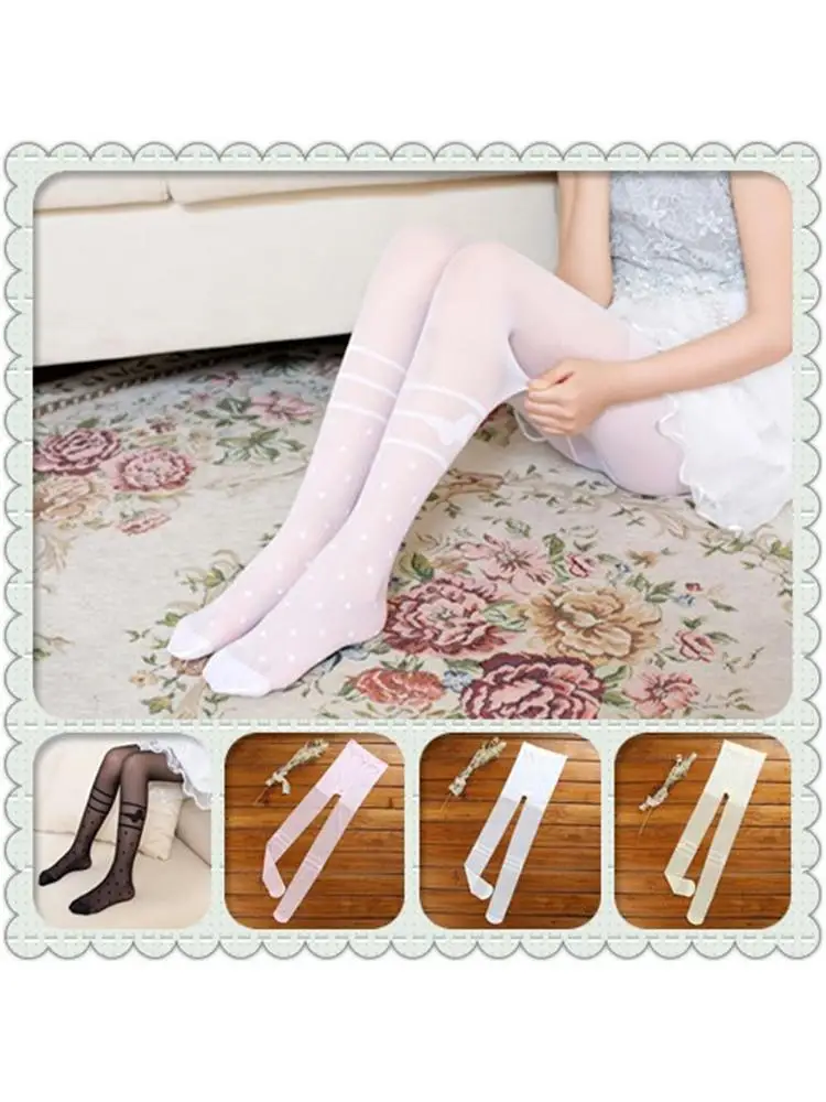 3pc Girls Bow Stitching Transparent Children Silk Tights Summer Thin Leggings Dance Pantyhose Splicing White Dots Prevent Mosqui