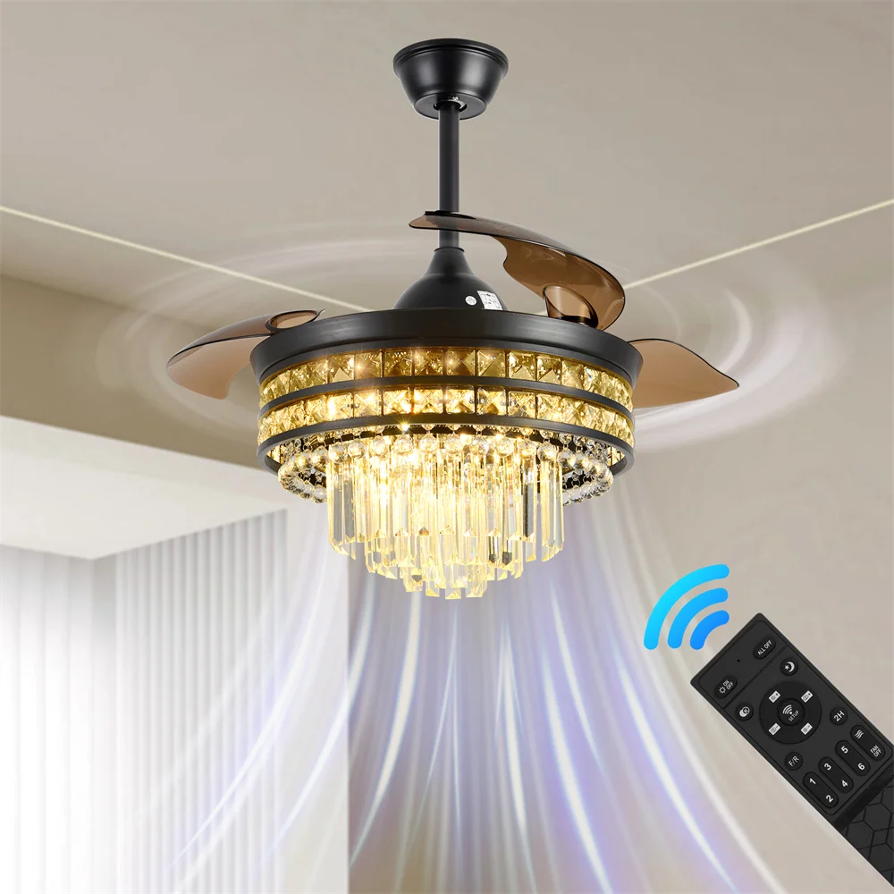 

42 Inches Fandelier Ceiling Fan with Light Retractable Chandelier Fan Invisible Blades Dimmable Crystal Ceiling Fan for Bedroom