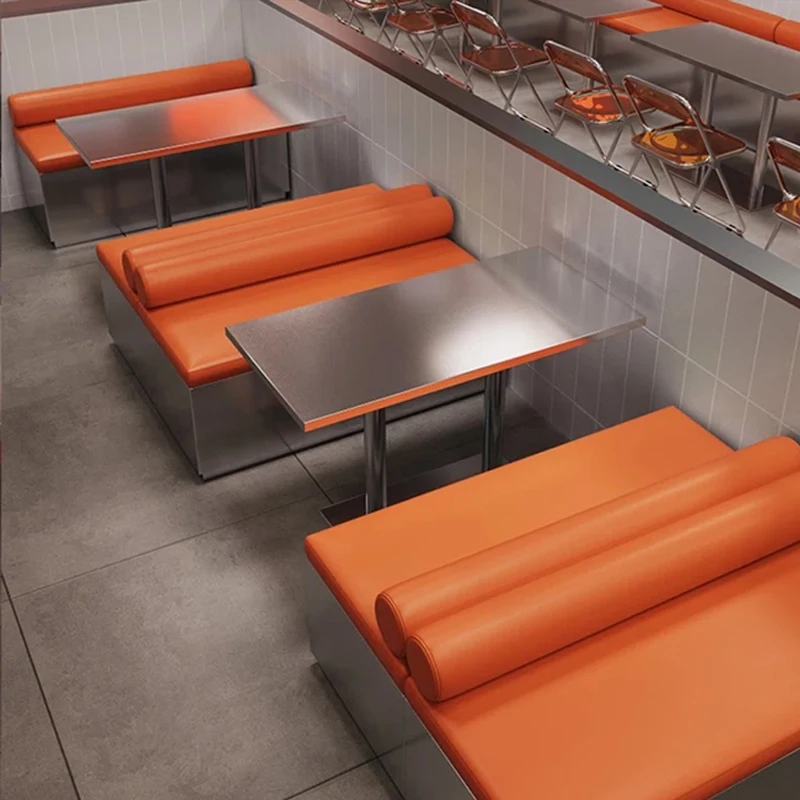 custom.Durable Stainless Steel Commercial Restaurant Furniture Set Customized Orange Leather Sofa Booth Heavy Dining Table and C