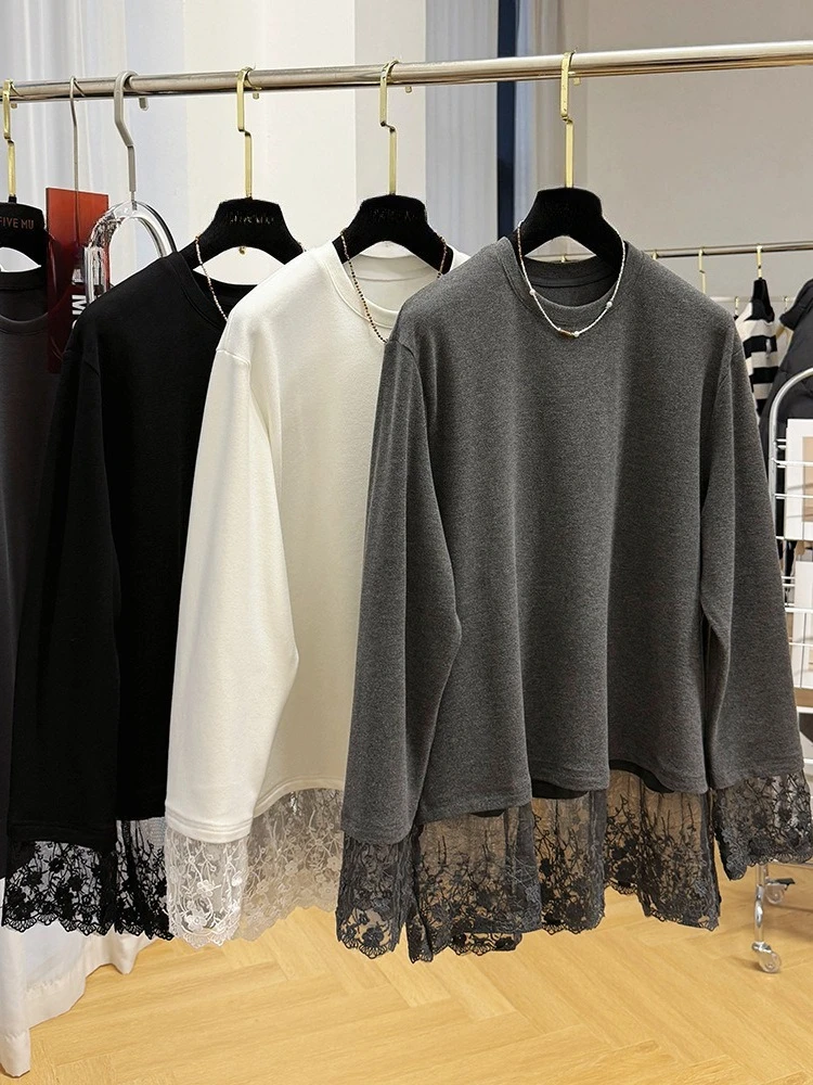 تي شيرت متطور مزين بالدانتيل بلون سادة وأكمام طويلة لربيع وخريف جديد في ملابس نسائية فضفاضة عصرية #1