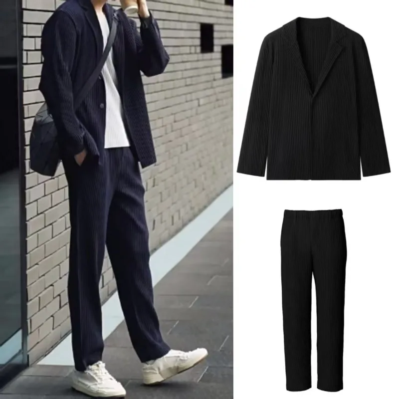 Miyake Pleated Suit Suit Men 2025 Fall High-end Textured Drape Loose Casual Suit Men Jacket + Casual Pants Fashion Men Clothing