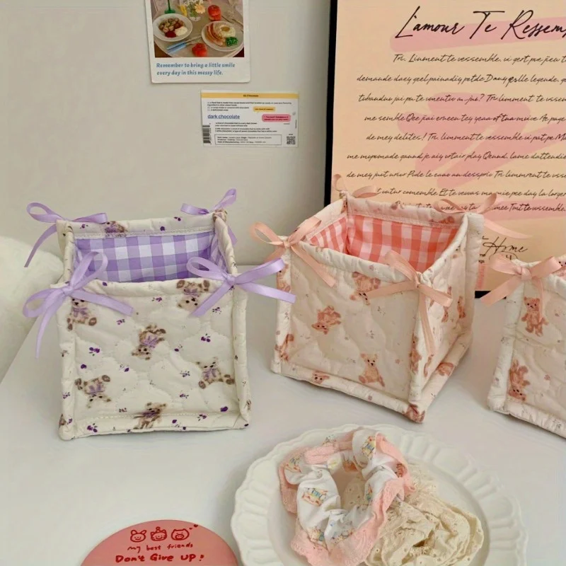 1pcs Cute Quilted Storage Basket for Desk Organization - Perfect for Cosmetics, Snacks, and Small Items