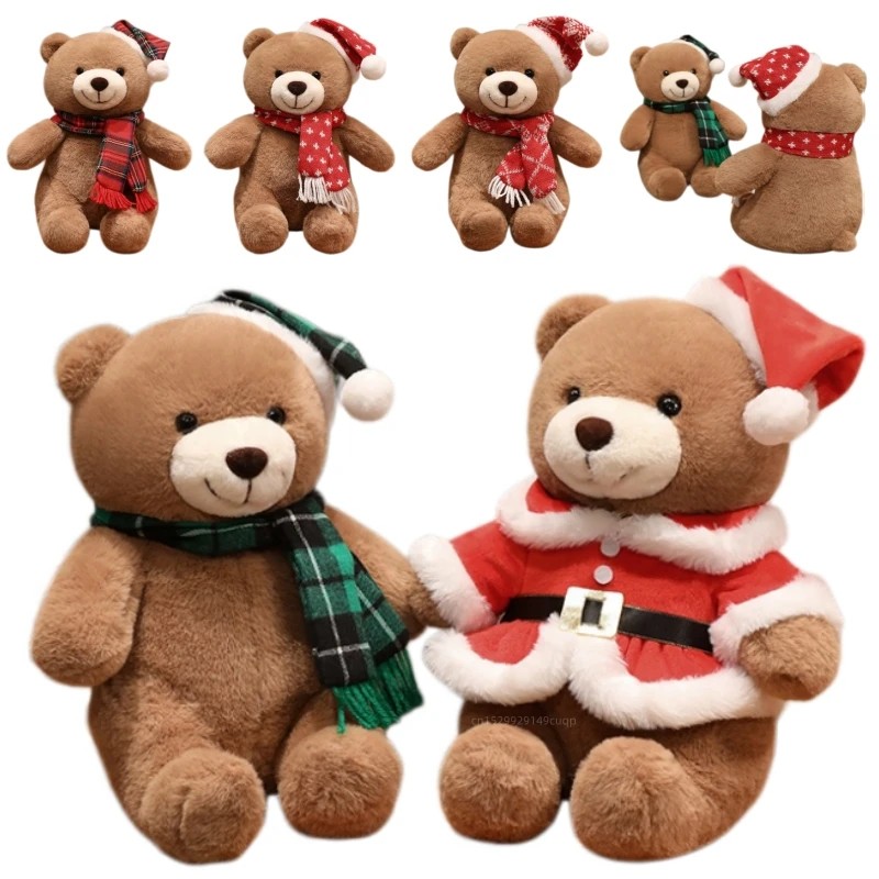 28cm Christmas Teddy Bear Plush Toy Wear Hat Scarf Santa Claus Plush Doll Soft Stuffed Animal Atmospheric Decor Holiday Gift
