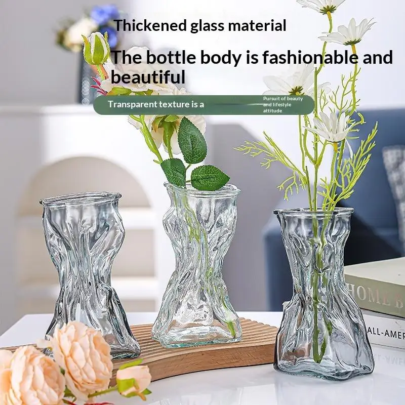 Clear Glass Flower Vase Artistic Crinkled Irregular Glossy Design for Side Table Living Room Shelf Tabletop Ornament