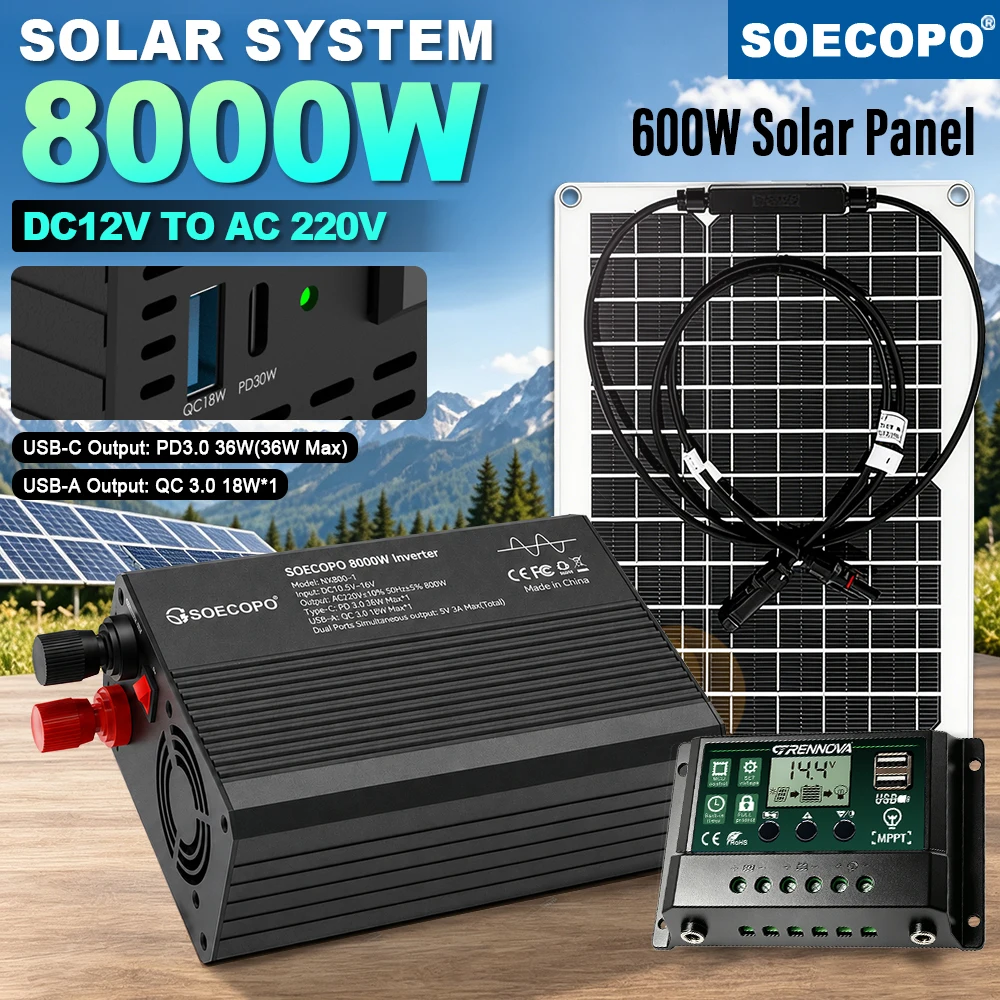 SOECOPO Solar Panel Kit 800W Rated 8000W Peak DC12V to AC220V Inverter MPPT Controller Off-Grid Power for Alpine Workstation RV