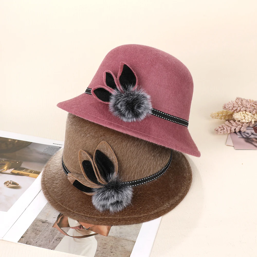 Vintage Elegant Fedoras Cap With Flower Ladies Dome Hat Autumn Winter Wool Hats Sun Hat Casual Basin Hat Bowler Hat Version