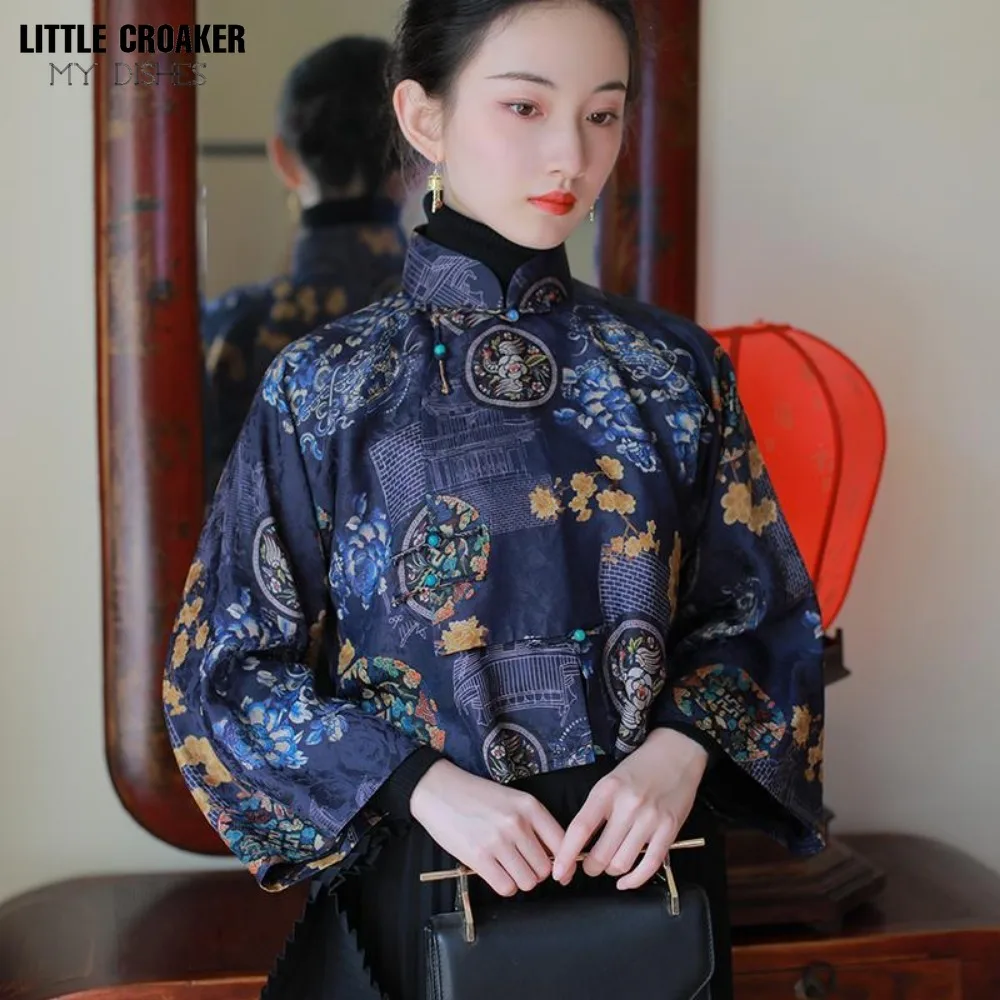 Classical Printed Women's Chinese Hanfu Cropped chinese Ancient Spring Autumn Shirt Short Top Ancient Method Inverted Kimono Top