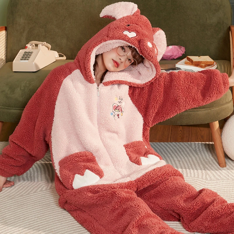 Adult Kigurumis Women Pijama Onesie Jumpsuit Lady Cartoon Pig Lovely Winter Thicken Hoodie Pyjamas Soft Warm Girls Sleepwear