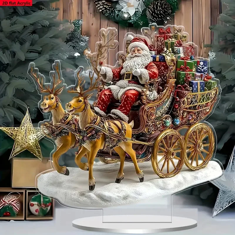 Christmas Reindeer Sleigh Santa Figurine 2D Acrylic Christmas Santa Claus on Sleigh with Reindeers Decorations Holiday Santa - Image 2