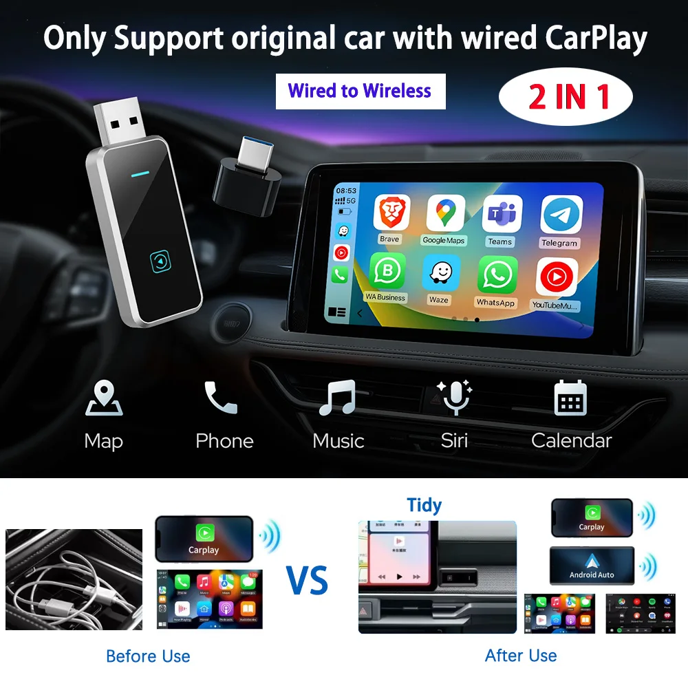 2025 Mini 2 in 1 Wired to Wireless Carplay and Android Auto Adapter With USB Plug and Play Fast Automatic Connection for Benz