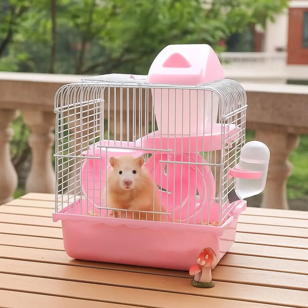 Ventilation Hamster Double-storey Villa Feeding Bottle Removable Hamster Habitat Cage with Running Wheel with Handle - Image 3