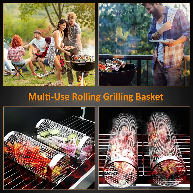 2023New Grilling BBQ Basket Stainless Steel Leakproof Mesh Barbecue Rack Outdoor Picnic Camping Simple Cylindrical BBQ Grill