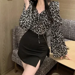 Shirt Female Niche Design Sense Slim Chic Tops Spring Autumn Square Collar Puff SleeveBroken Flower Series Women's Clothing