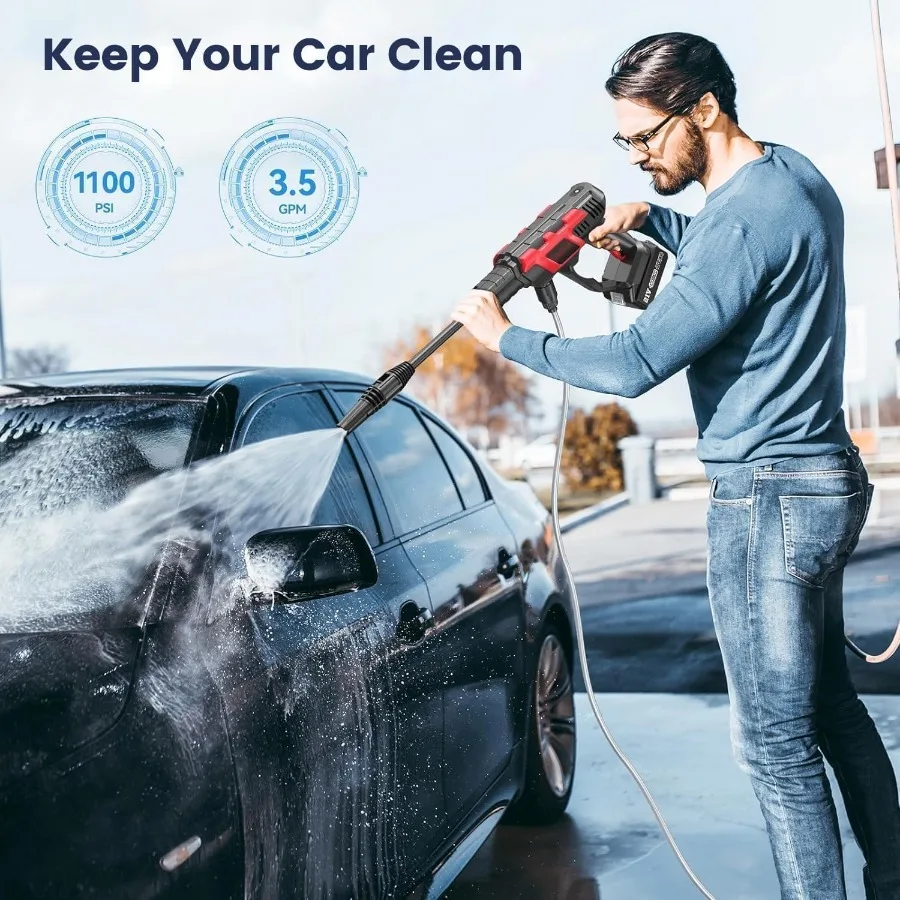 เครื่องฉีดน้ำแรงดันสูงไร้สาย - แบบไม่มีแปรงถ่าน 1100 PSI เครื่องทำความสะอาดแบบพกพา พร้อมแบตเตอรี่ 4.0Ah 2 ก้อน หัวฉีด 3 แบบ หัวฉีดปรับระดับได้ 2 แบบ