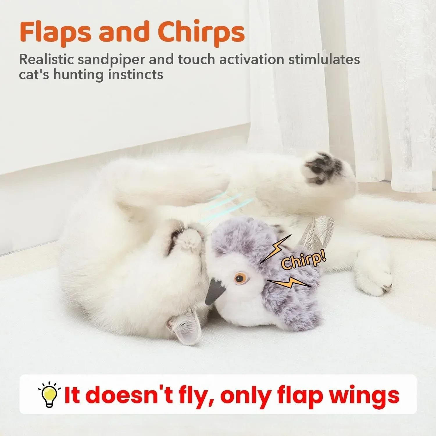 Rechargeable Flapping Bird Cat Toy Touch-Activated Lifelike Sandpiper Chirping with Catnip Interactive Exercise for Kittens&Cats