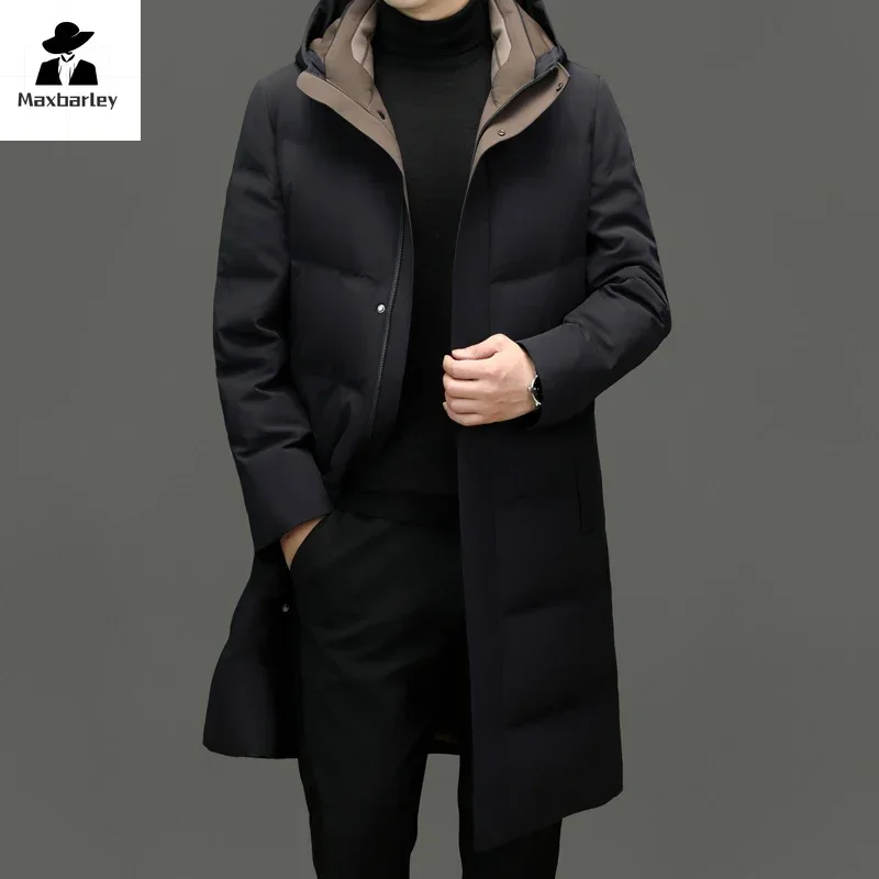 Winter Warm Down Jacket Men\'s Business Casual Long Hooded White Duck Down Warm Coat Brand Clothing Male Lightweight Down Jacket