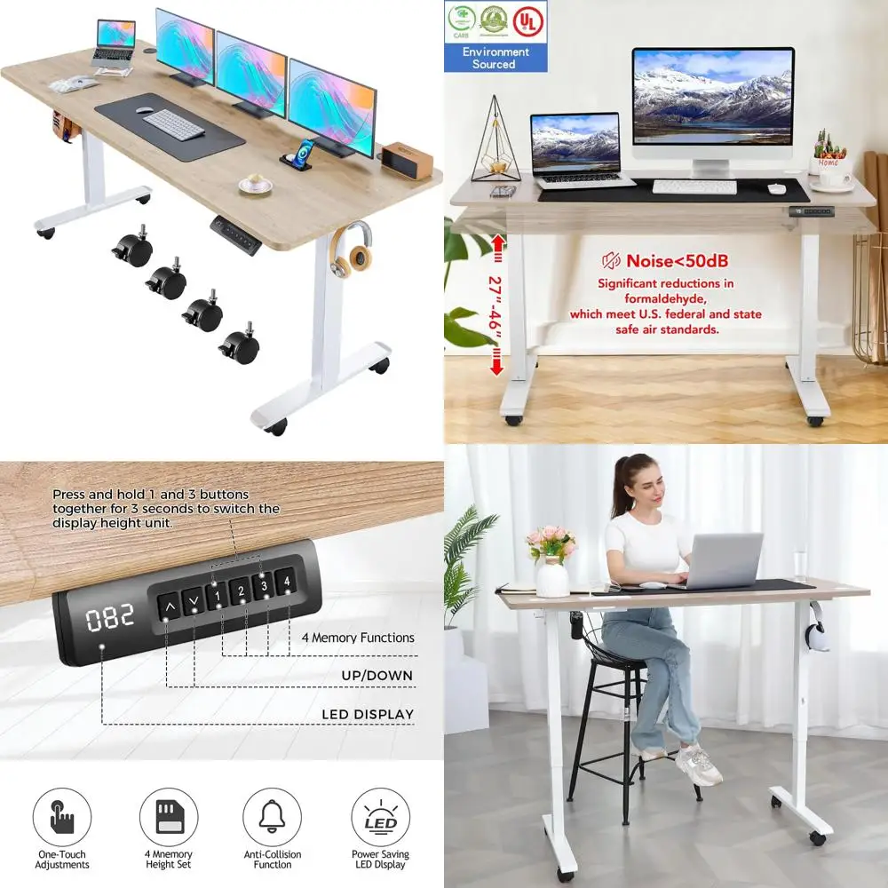 Electric Height Adjustable Desk with Wheels, 63 x 24 Dual Crossbeam Desk, 27-46 Sit-Stand Workstation with Mouse Pad