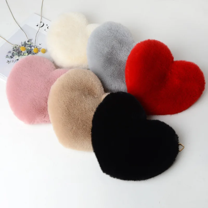 Fashion Women\'s Heart Shaped Handbags Cute Kawaii Faux Fur Crossbody Bags Wallet Purse Plush Chain Shoulder Bag Lady Handbag