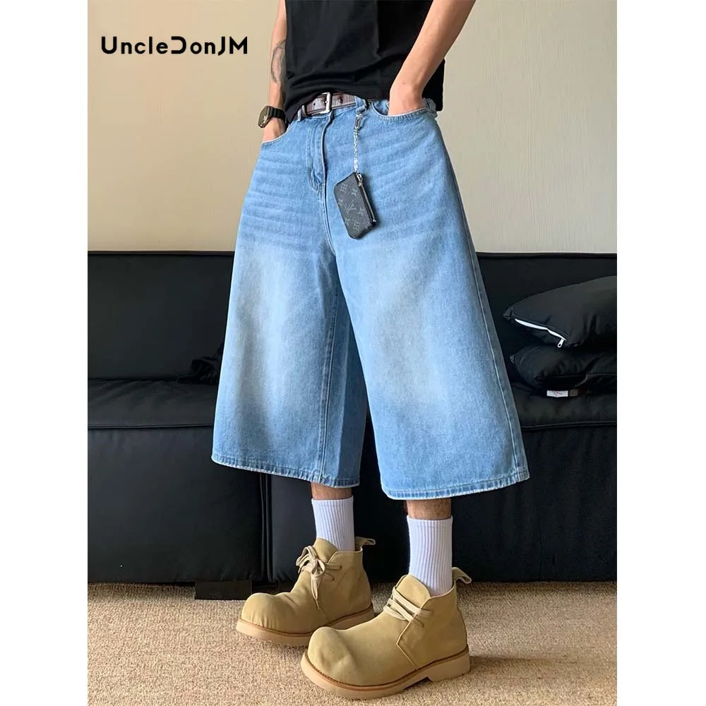 Washed Colossus Jorts Hip Hop Wide Leg Knee Length Shorts New Fashion Denim Calf-Length Pants