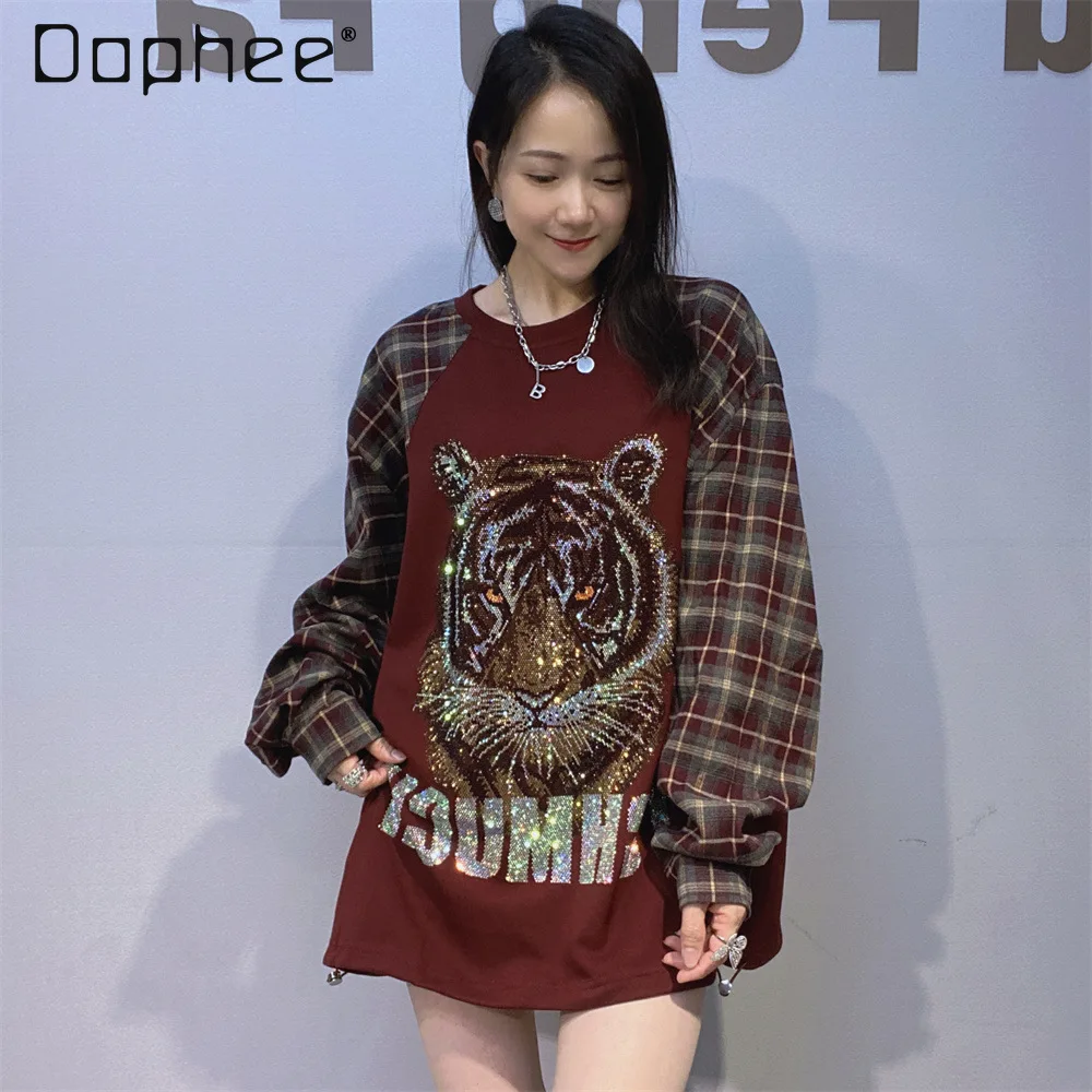 

Oversized Sweatshirt for Women 2025 Autumn Winter Fashion Color Block Patchwork Plaid Long Sleeve Mid-Length Round Neck Top