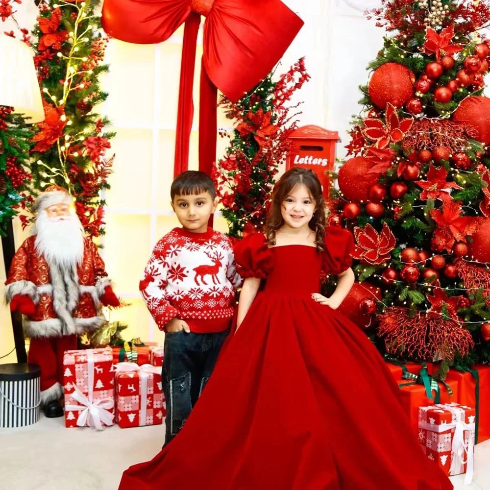 Красное платье с цветочным узором для девочек по индивидуальному заказу, атласное платье с бантом длиной до пола, элегантное платье принцессы для дня рождения, фестиваля, выпускного вечера