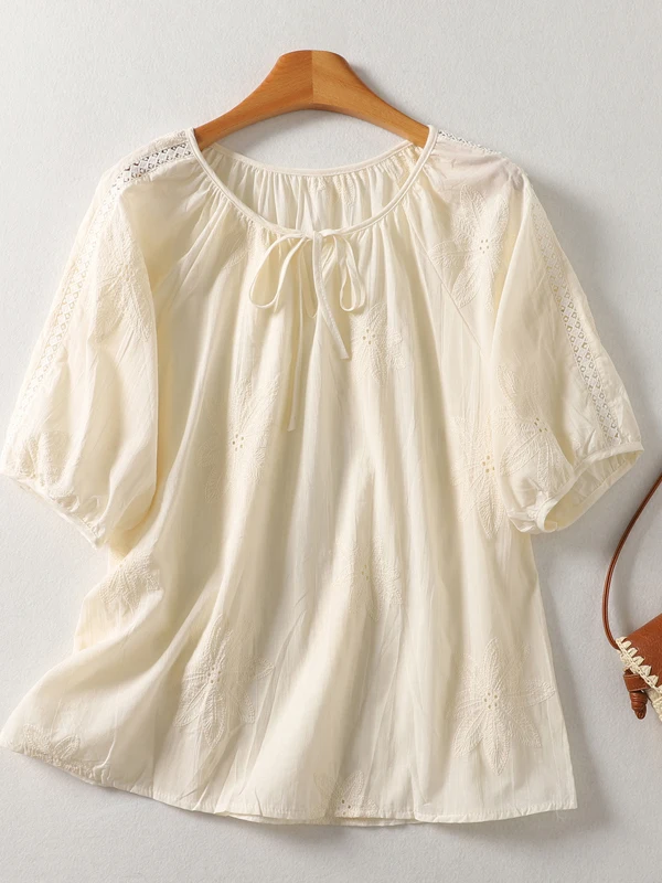 

Повседневная свободная рубашка из хлопка и льна с поясом, простой вышивкой, универсальная, базовая, с круглым вырезом, с коротким рукавом, для женщин, на каждый день