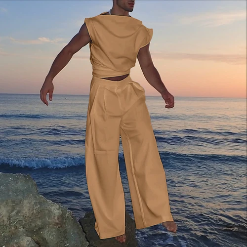 Imagen 2 del producto Conjuntos para hombre INCERUN, camisetas sin mangas plisadas de Color sólido y pantalones, conjuntos de dos piezas, ropa de calle holgada, trajes de moda para hombre 2025