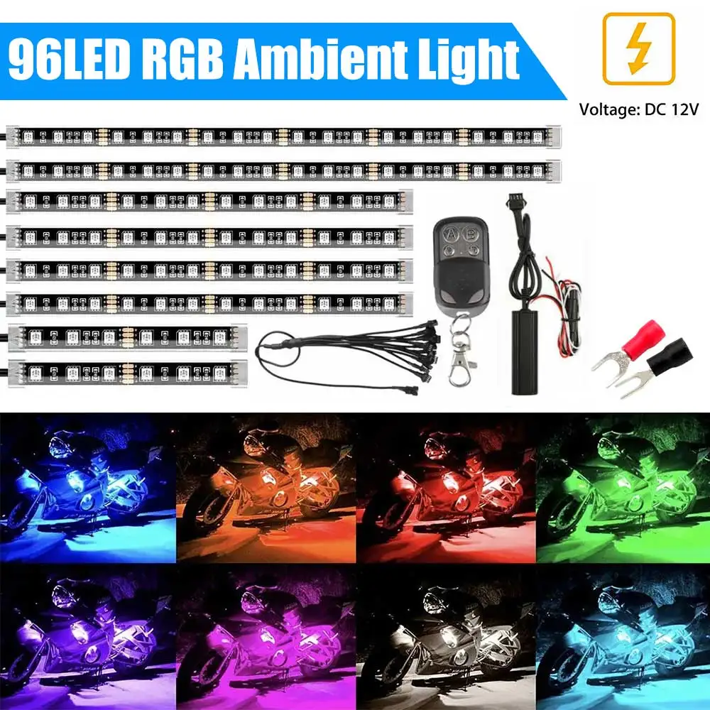 8Pcs Motorcycle LED Light Kits Strips DC 12-Volt Waterproof RGB Multi-Color