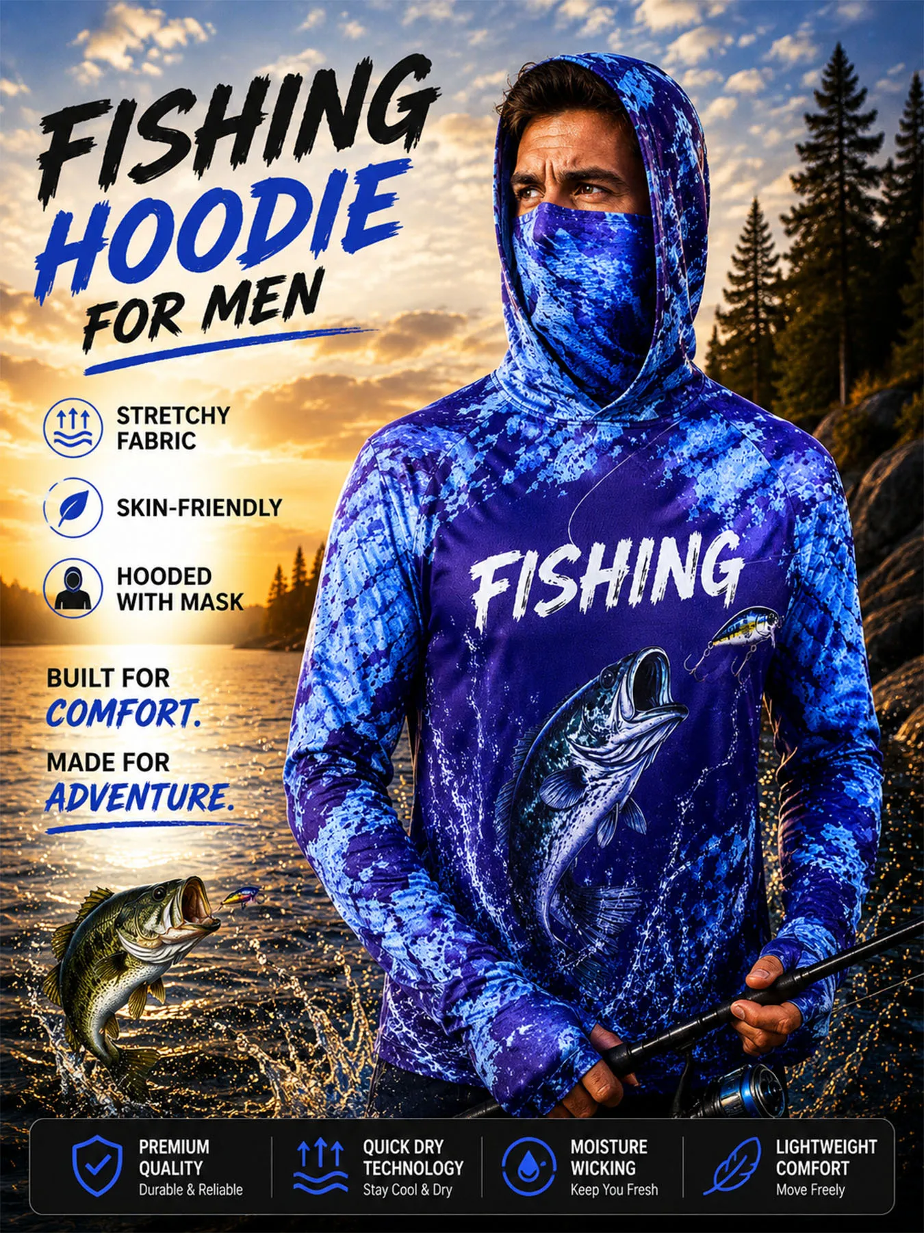 Men's Outdoor Fishing Hoodie with Built-in Face Mask Neck Gaiter UV Protection Quick-Dry Breathable Anti-Mosquito Sun Shirt