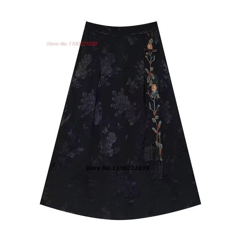 تنورة جاكار ساتان مطرزة بالزهور الصينية العتيقة لعام 2025 تنورة ميدي بخصر مطاطي تنورة فضفاضة شرقية عتيقة تنورة على شكل حرف a #6