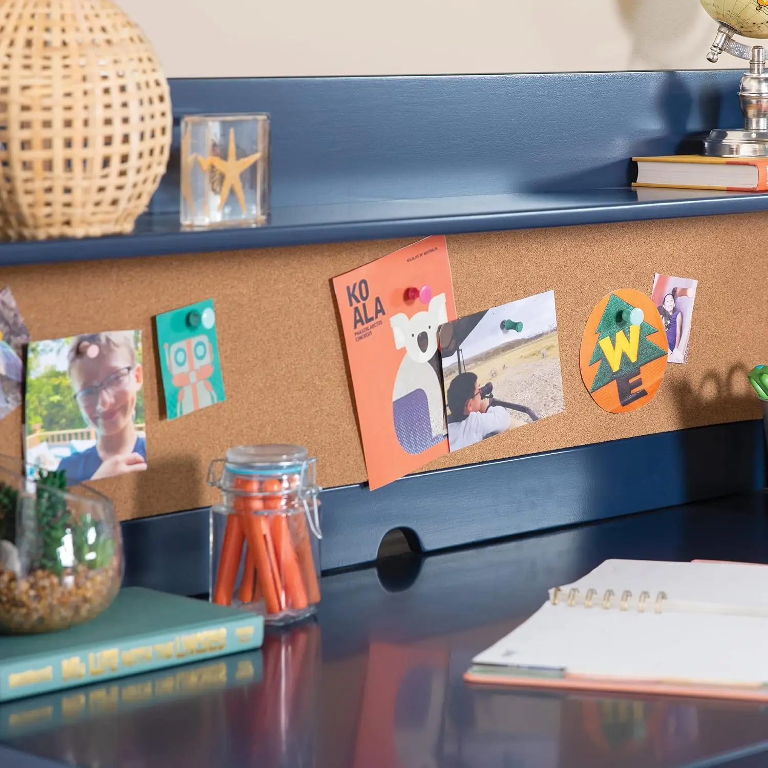 Kids Desk with Hutch & Chair Set Navy Table Storage Cubbies Bulletin Board Wooden Study Desk for Bedroom, Customized view 5