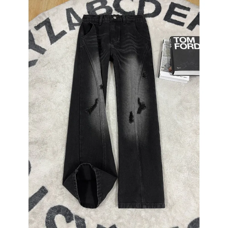 

Men's Vintage Washed Ripped Straight Leg Jeans Loose Baggy Casual Denim Pants American High Street Style Streetwear