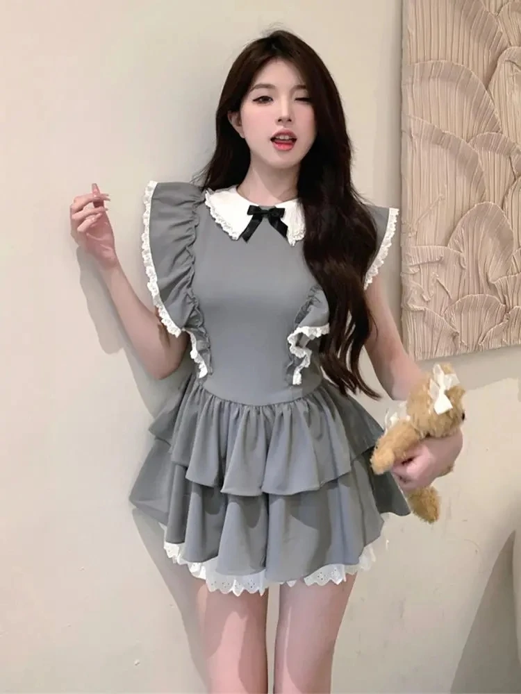 Sexy Dresses Women Hotsweet Panelled Lace Cake-skirt Korean Style Stylish Hipster Flying Sleeve High Street Summer Mini Chic New