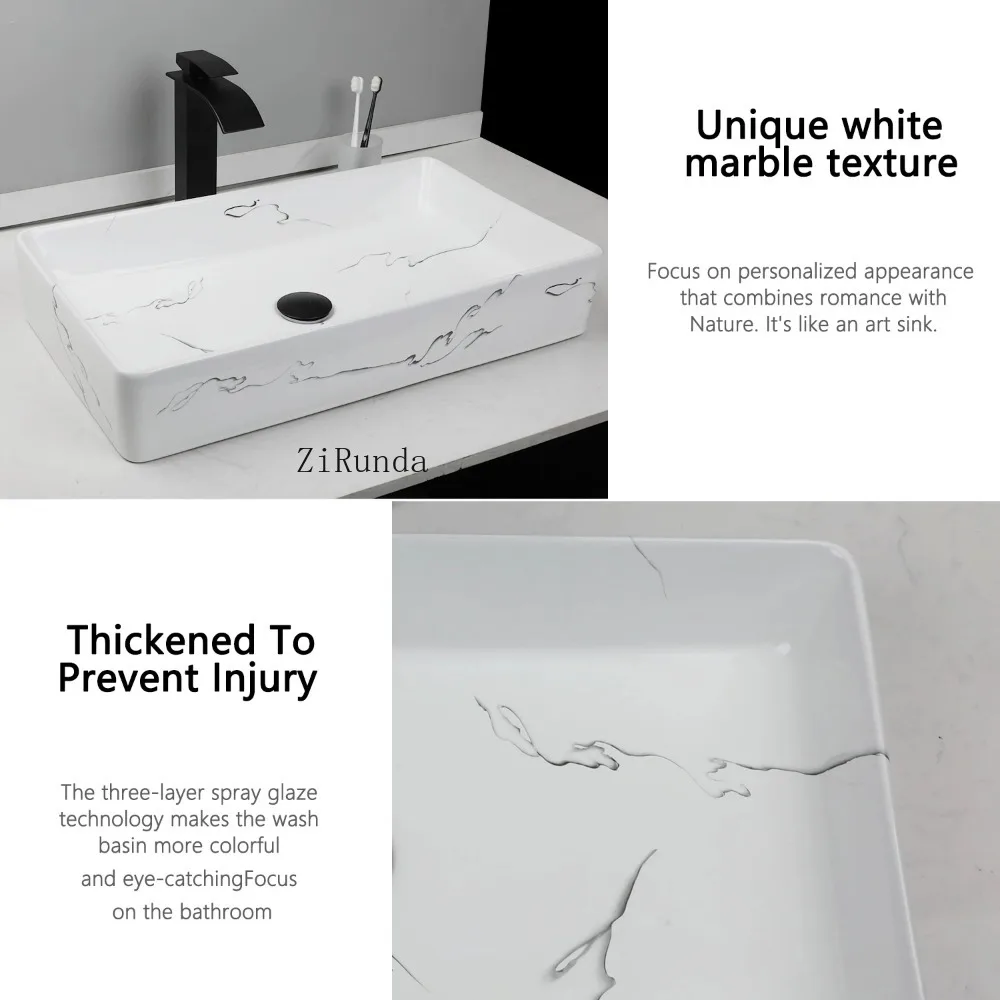 Rectangular marble bathroom container sink, ceramic container sink with faucet and drain pipe
