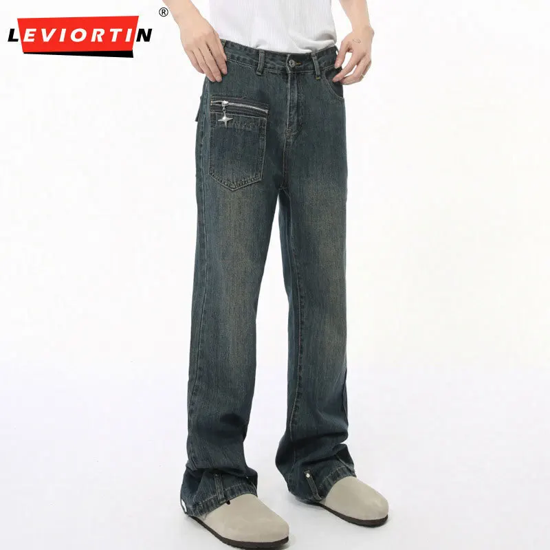 LEVIORTIN High Street Men's Jeans Zipper Ptchwork Washed Casual Straight Solid Color Wide Leg Male Loose Denim Pants Autumn