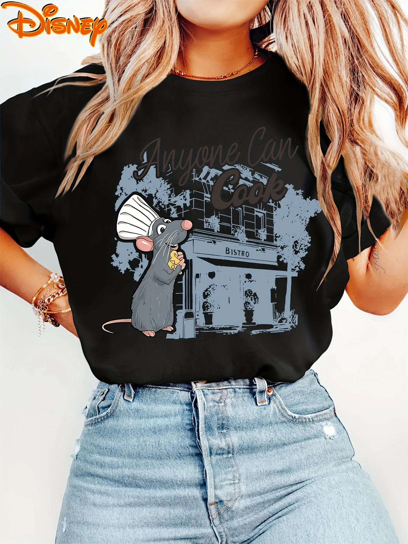 

Футболка с круглым вырезом и короткими рукавами с принтом шляпы шеф-повара Диснея «Ratatouille» Мужские и женские всесезонные базовые рубашки