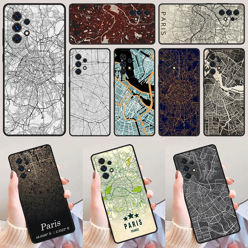 Paris London Amsterdam City Maps For Samsung A52 A72 A73 A20e A21S A50 A70 A11 A12 A42 A31 A40 A51 A71 A32 A80 A91 Phone Case