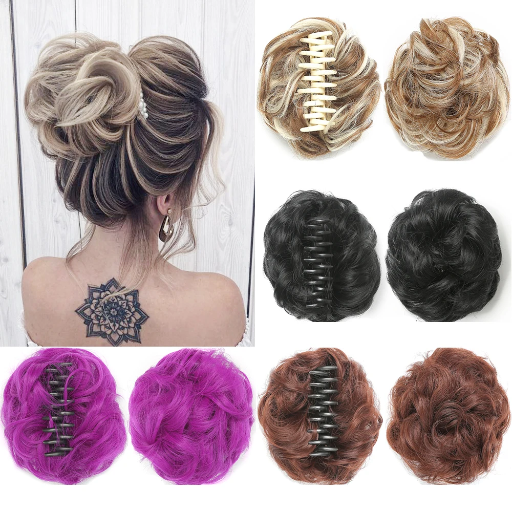 Messy Bun Hair Extensions Wavy Curly Chignon Tousled Updo Synthetic Hairpiece Claw Clip in Bun Scrunchies