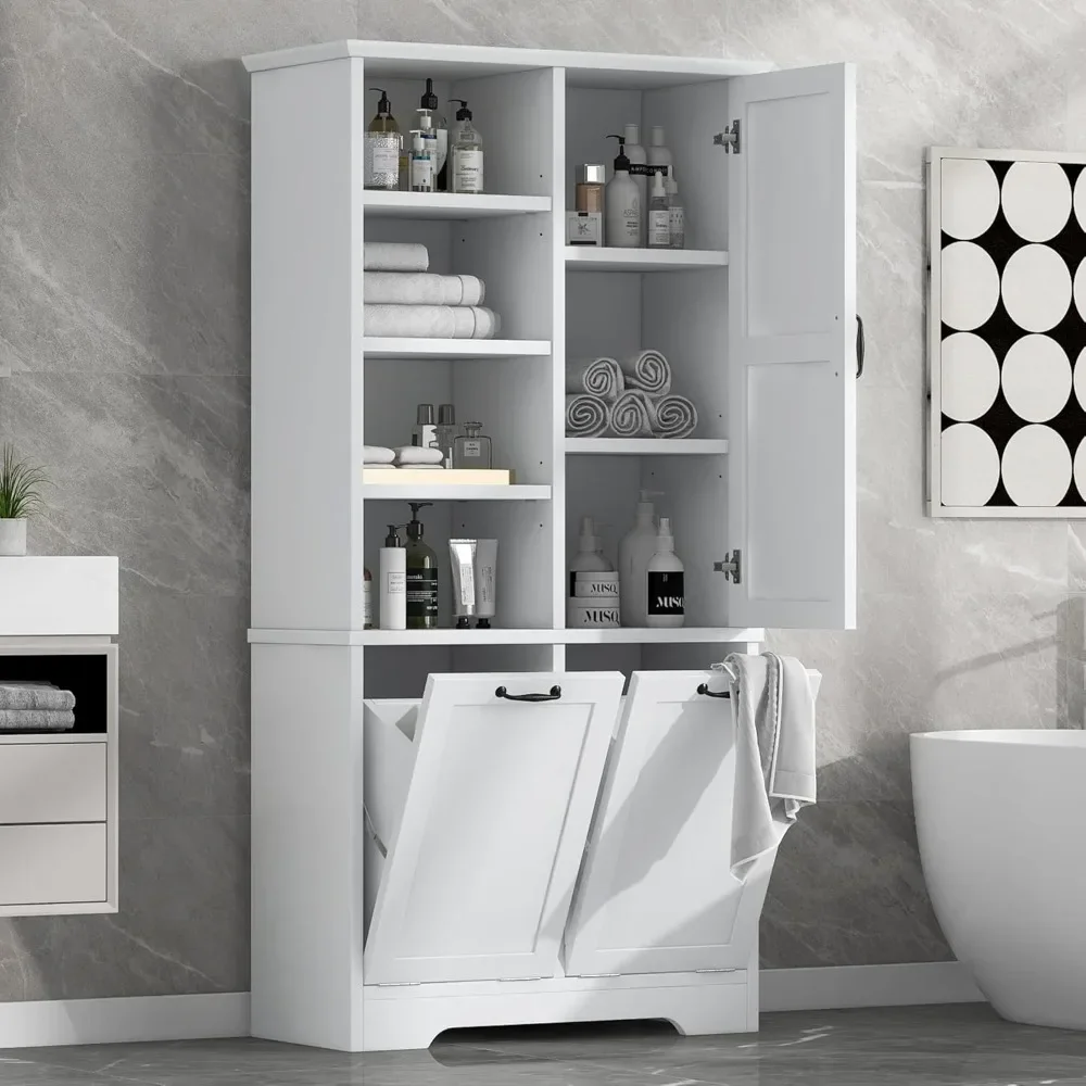 Bathroom Storage Cabinet with Doors and Drawers, Tilt-Out Laundry Hamper, Multiple Storage Space, Freestanding Style, Open Shelv