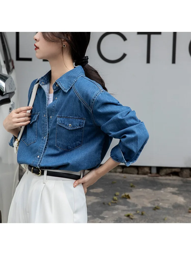 Women Denim Shirt Casual Commute Comfortable Retro Blouse Spring Summer Polo-neck Pockets Single Row Two Buttons Female Clothing