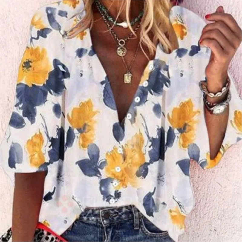 2024 Flower Print Vintage Shirts Women\'s Casual Turn Down Collar Cardigan Tops Button Single Breasted Daily BohemianBlouses Lady