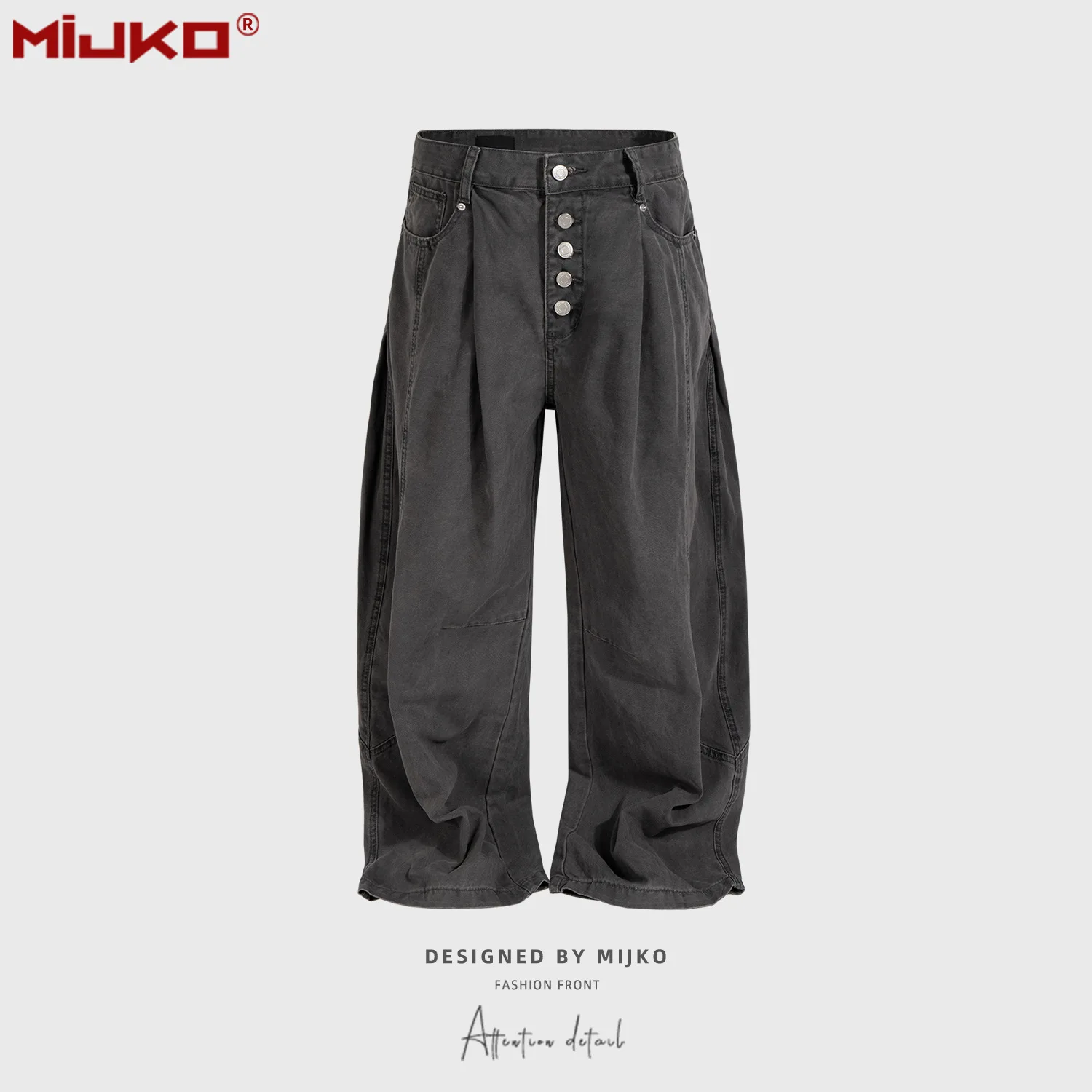 

MIJKO Jeans Unisex Pleated Design Button Placket Gray Denim Long Pants Straight Fit for Men And Women Z054