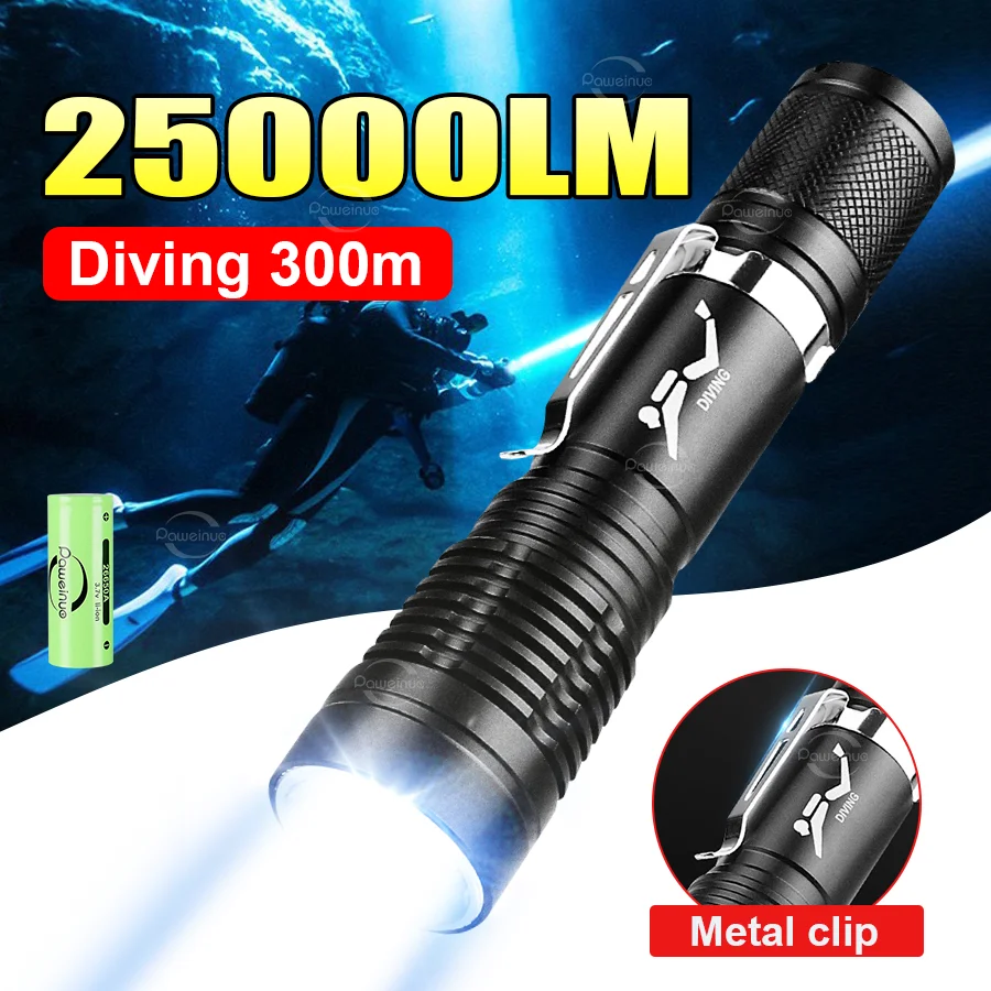 Newest LED Diving Flashlight 300M Super Bright Professional Dive Torch IPX8 Waterproof Scuba Diving Flashlights Fishing Lantern
