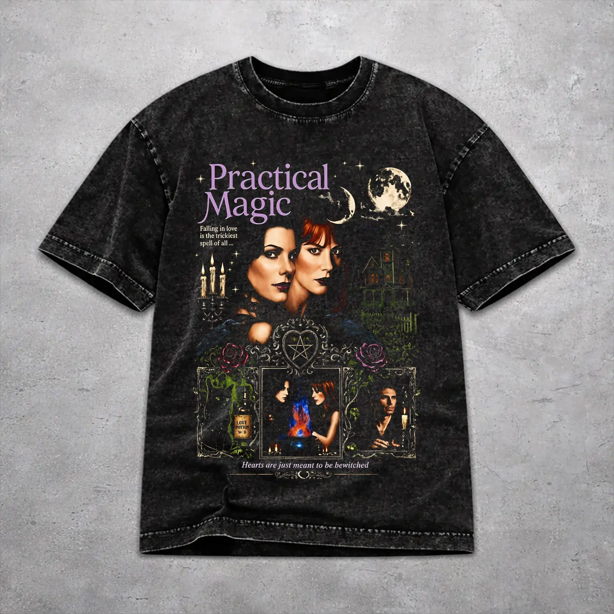 Stylish Practical Magic 2 Witchcraft Witchy Romance Moon Magic Pentagram Apparel T Shirt for Men Women  Cotton Washed Tee Shirt