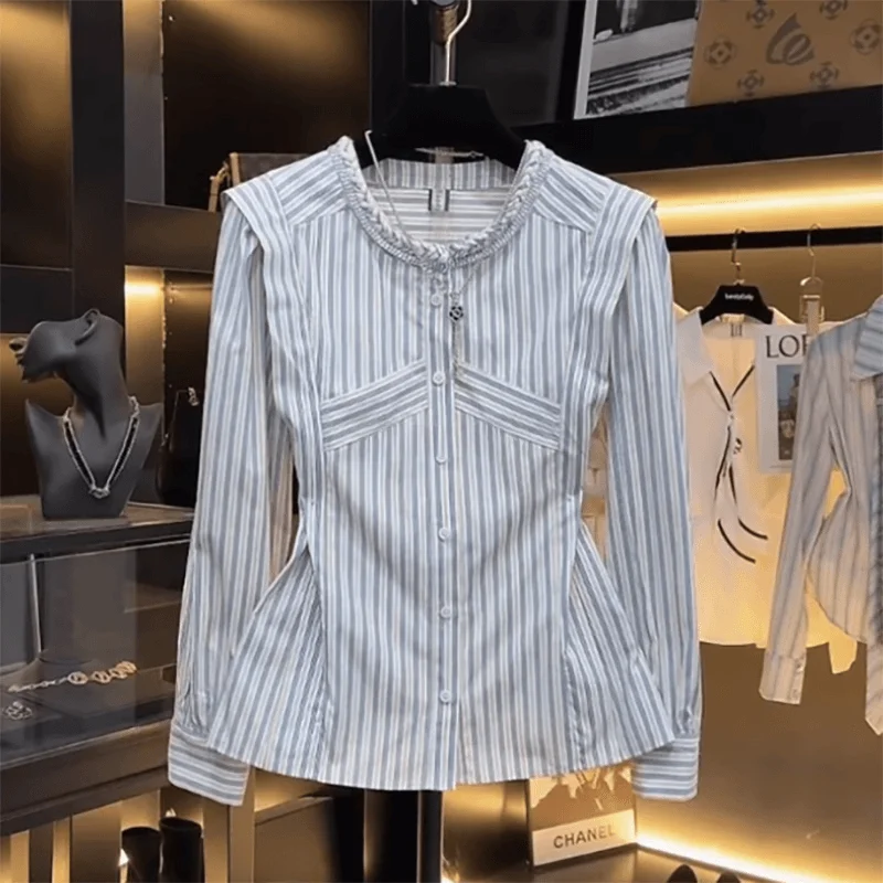 Slim Fit rayas irt mujer largo Sve plisado diseño de cintura Faionable otoño nuevo cuello Sle longitud Regular irt