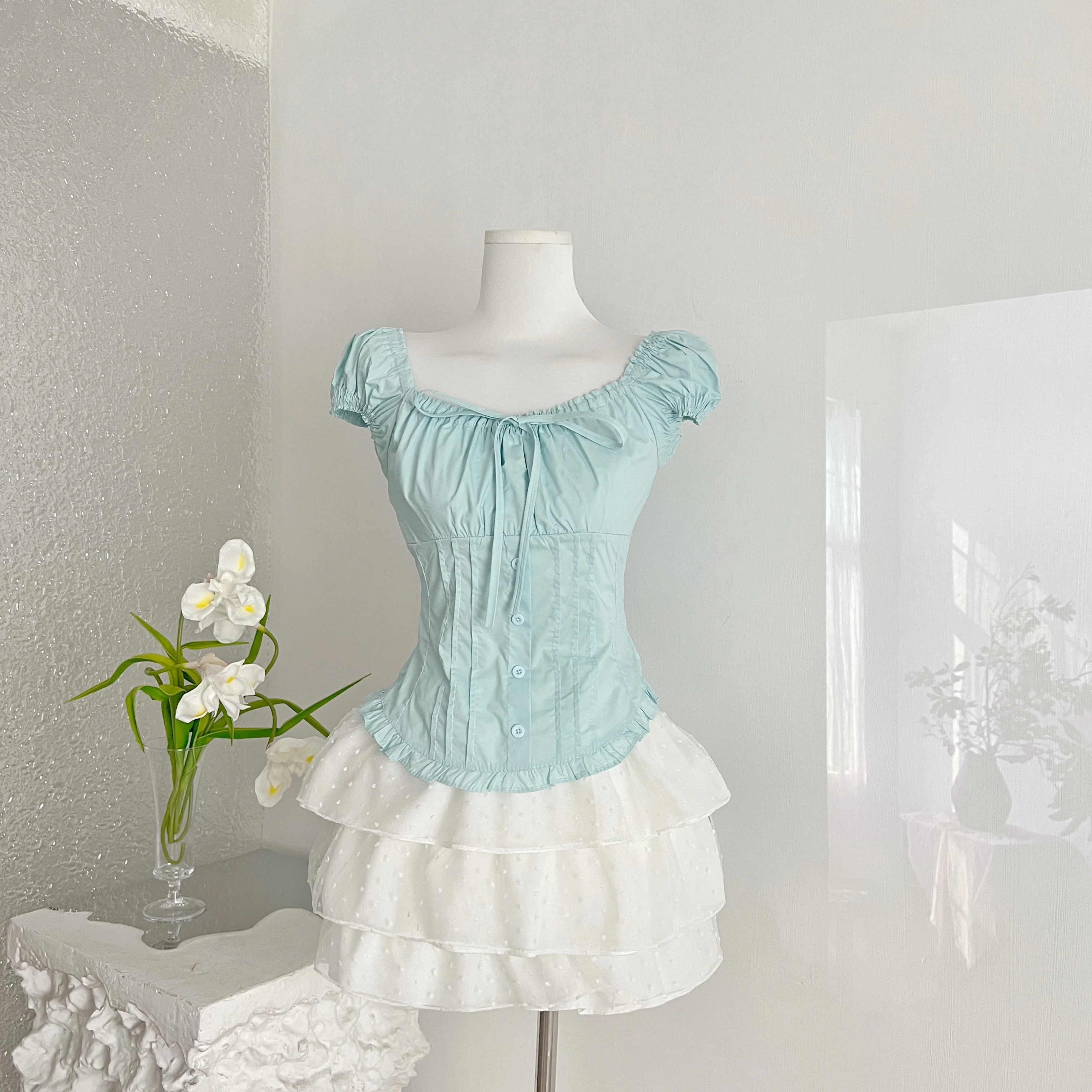 Bow Lace Shirt Set Hollow Out Square Collar One Shoulder Bubble Sleeve Ladies Vacation Elegant Wear