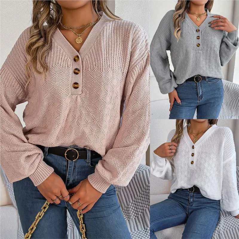 Autumn And Winter Casual Solid Color Loose V-neck Button Lantern Sleeve Sweater Women's Long Sleeved Versatile Pullover Sweater