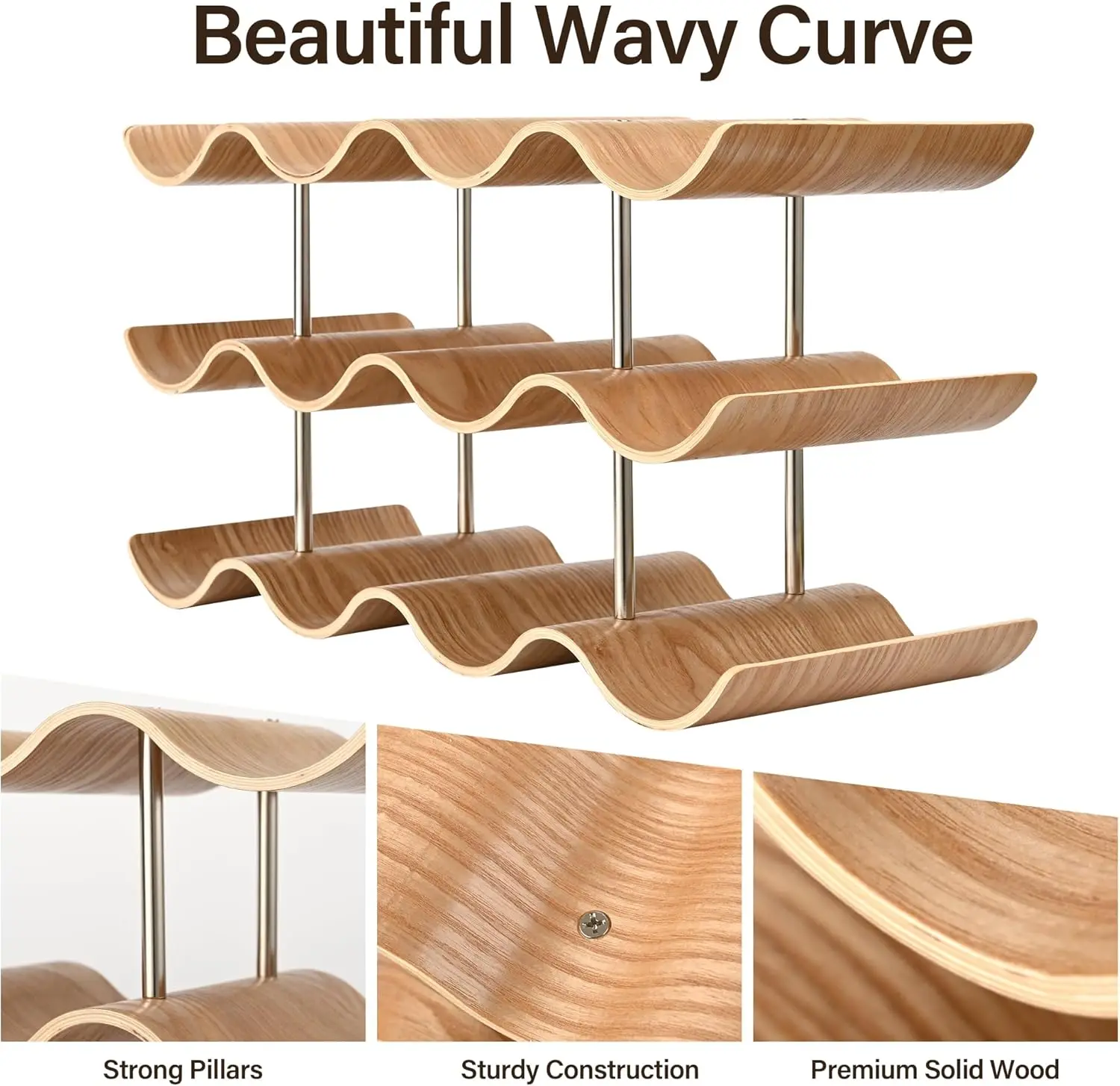 12-Bottle Wooden Wine Rack with Wavy Design for Kitchen or Bar Storage