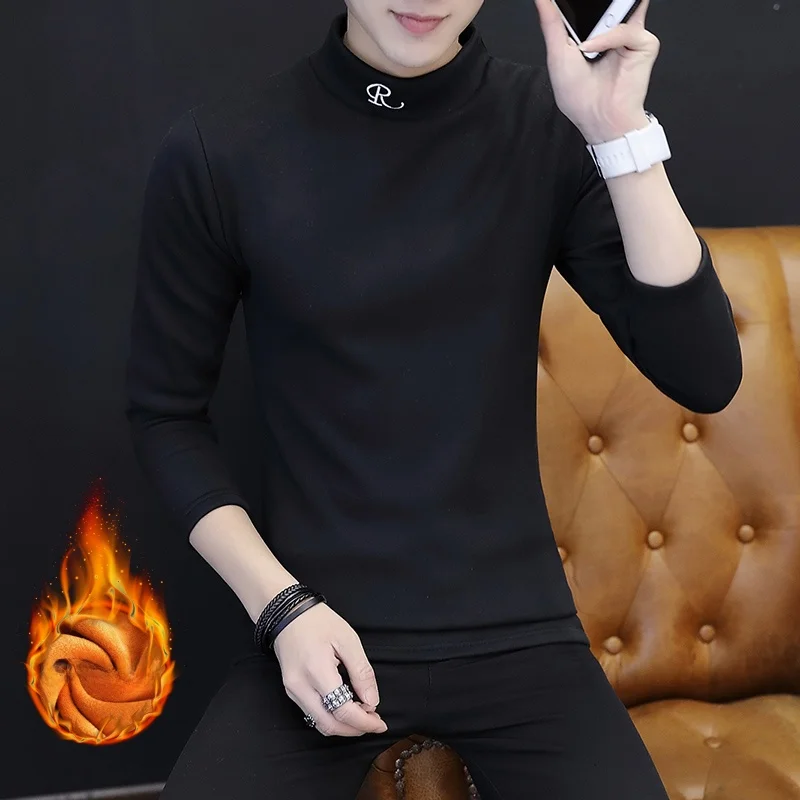 

Men's Long Sve Thermal T-irt Mid-Ne Fce Lined Thiened Bla Sweatirt f High Collar Inner Warmth Autumn Clothes